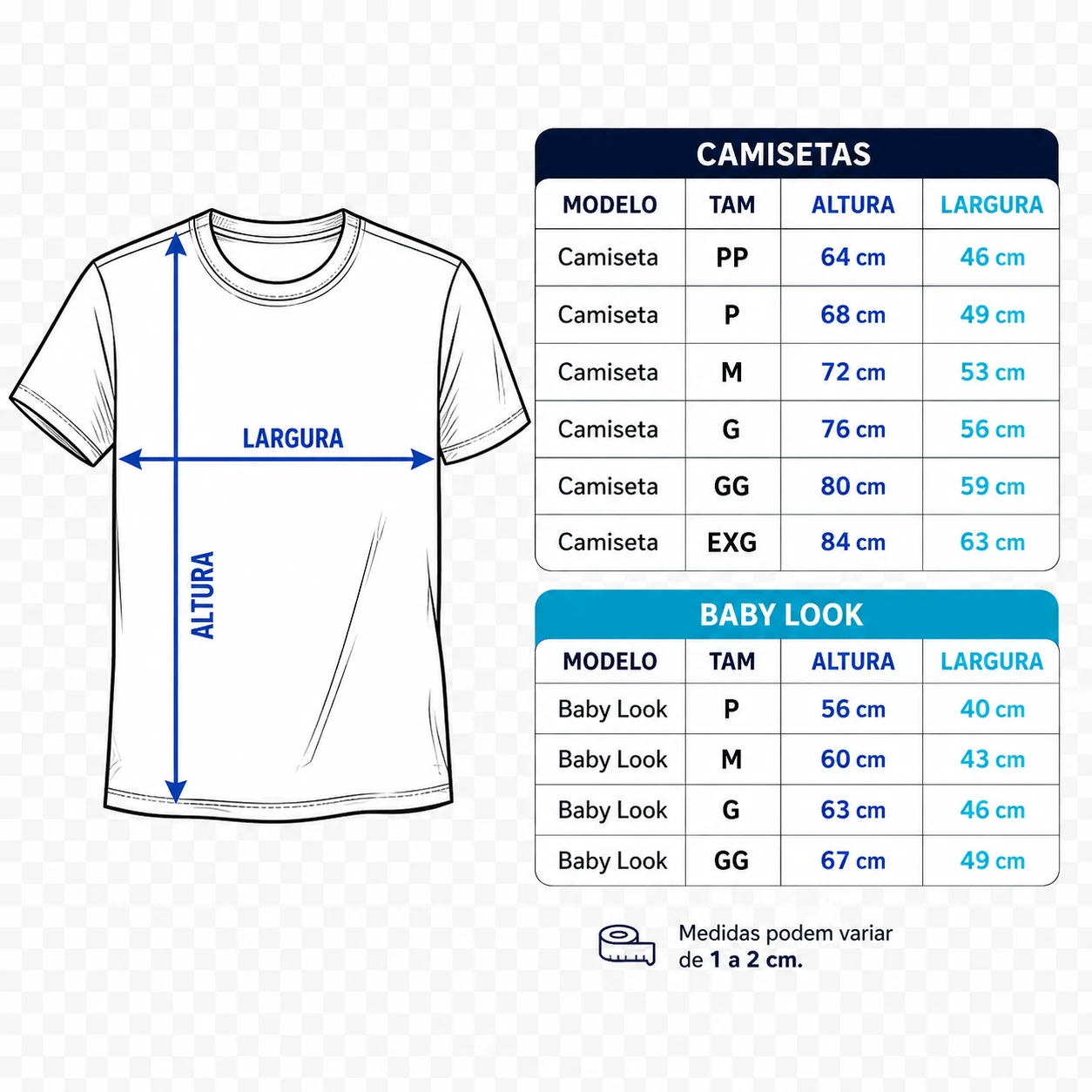 Tabela de medidas das camisetas
